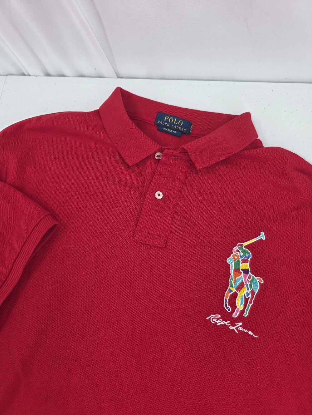 Polo Ralph Lauren Red Pique Polo Big Rainbow Pony With Spellout Men's Size 2XLT.